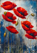 Oil painted poppies, with 7 vibrant red flowers against a textured blue and white background and long stems.