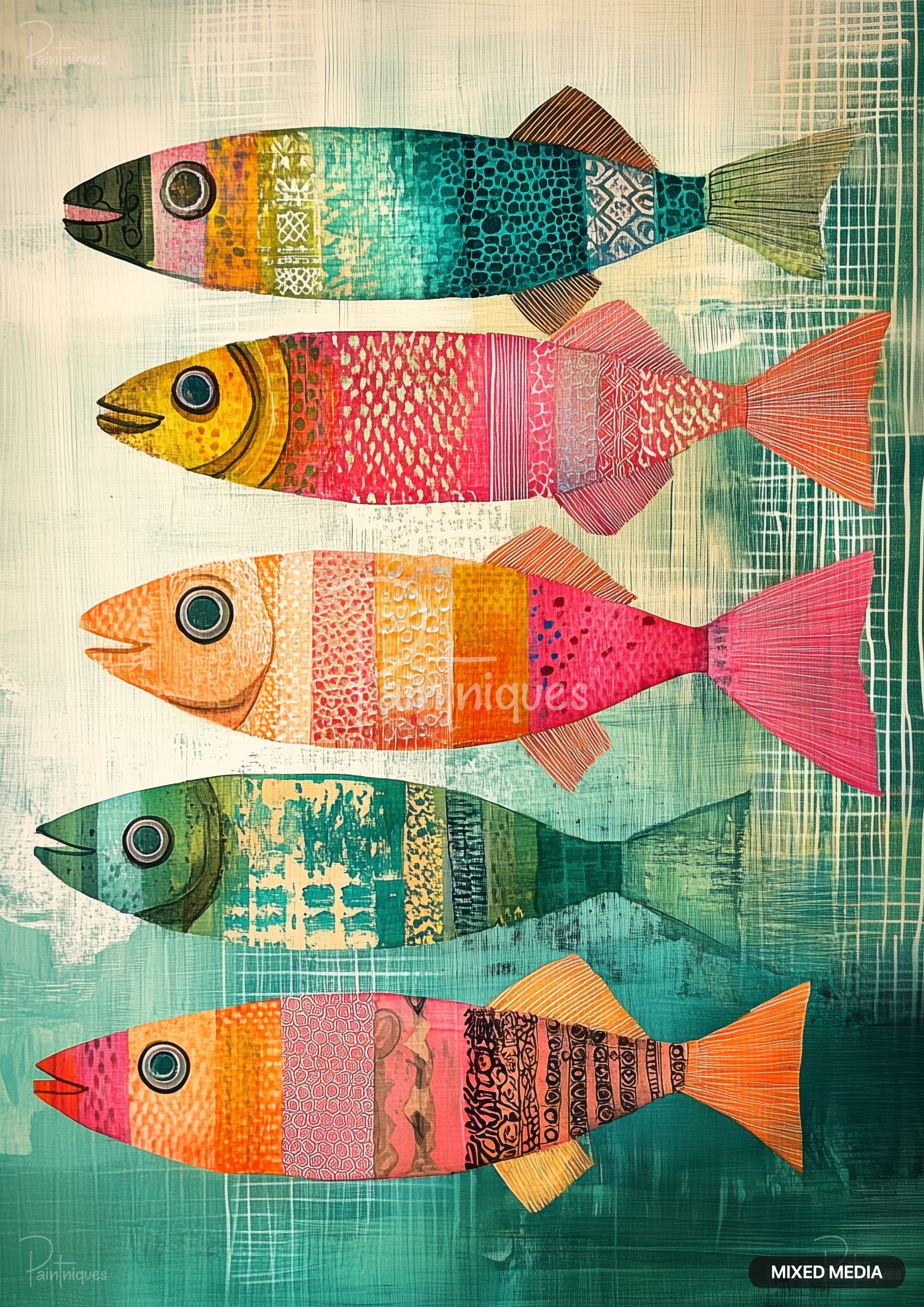 Five colorful fish in a row, made of collaged patterns and various textures.