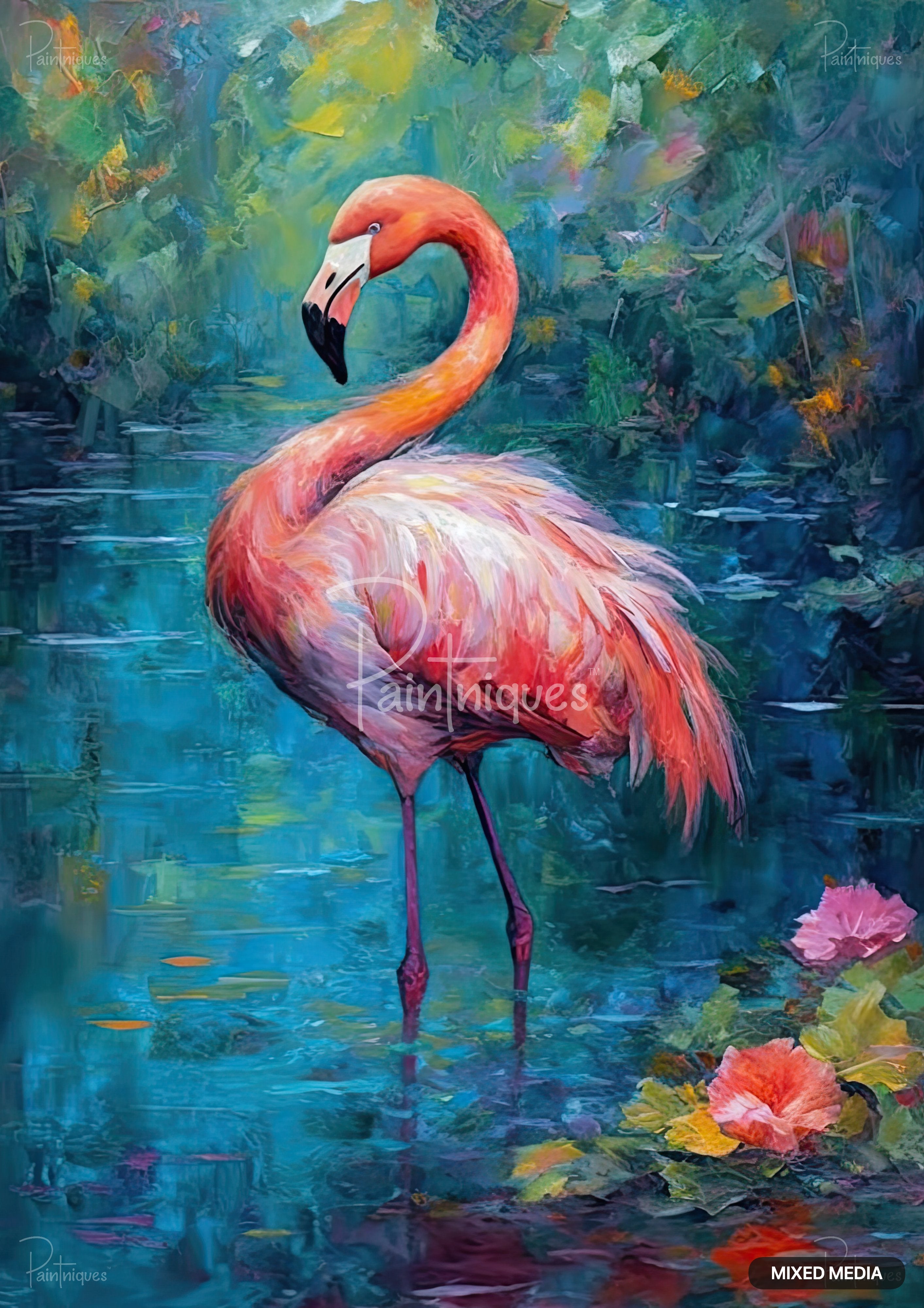 Impressionistic painting of a pink flamingo standing in blue water with green foliage and flowers.