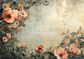 Textured background with large coral-pink flowers, smaller peach blossoms, and dark grey-green leaves and scrolls.