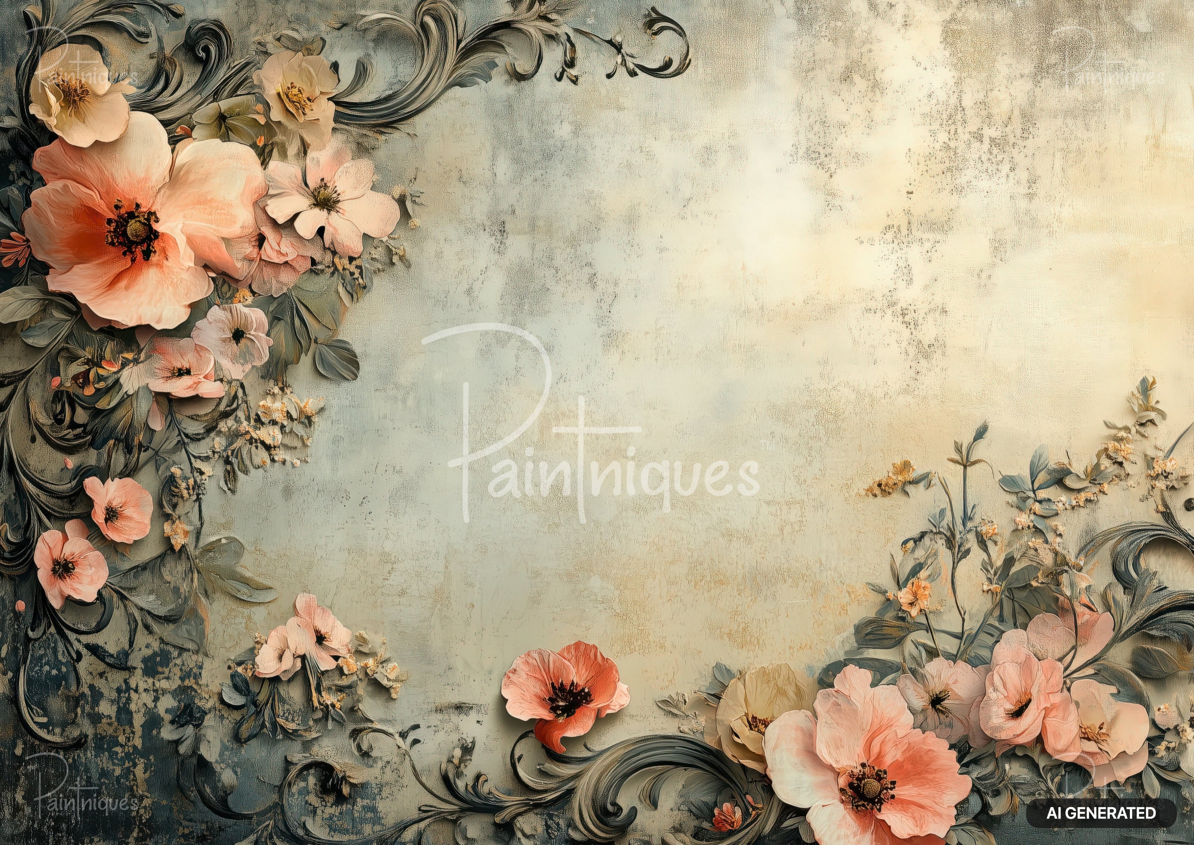 Textured background with large coral-pink flowers, smaller peach blossoms, and dark grey-green leaves and scrolls.
