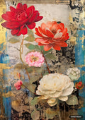 Two red flowers, pink camellia, two white flowers, and red bud on floral and abstract background with gold and blue.