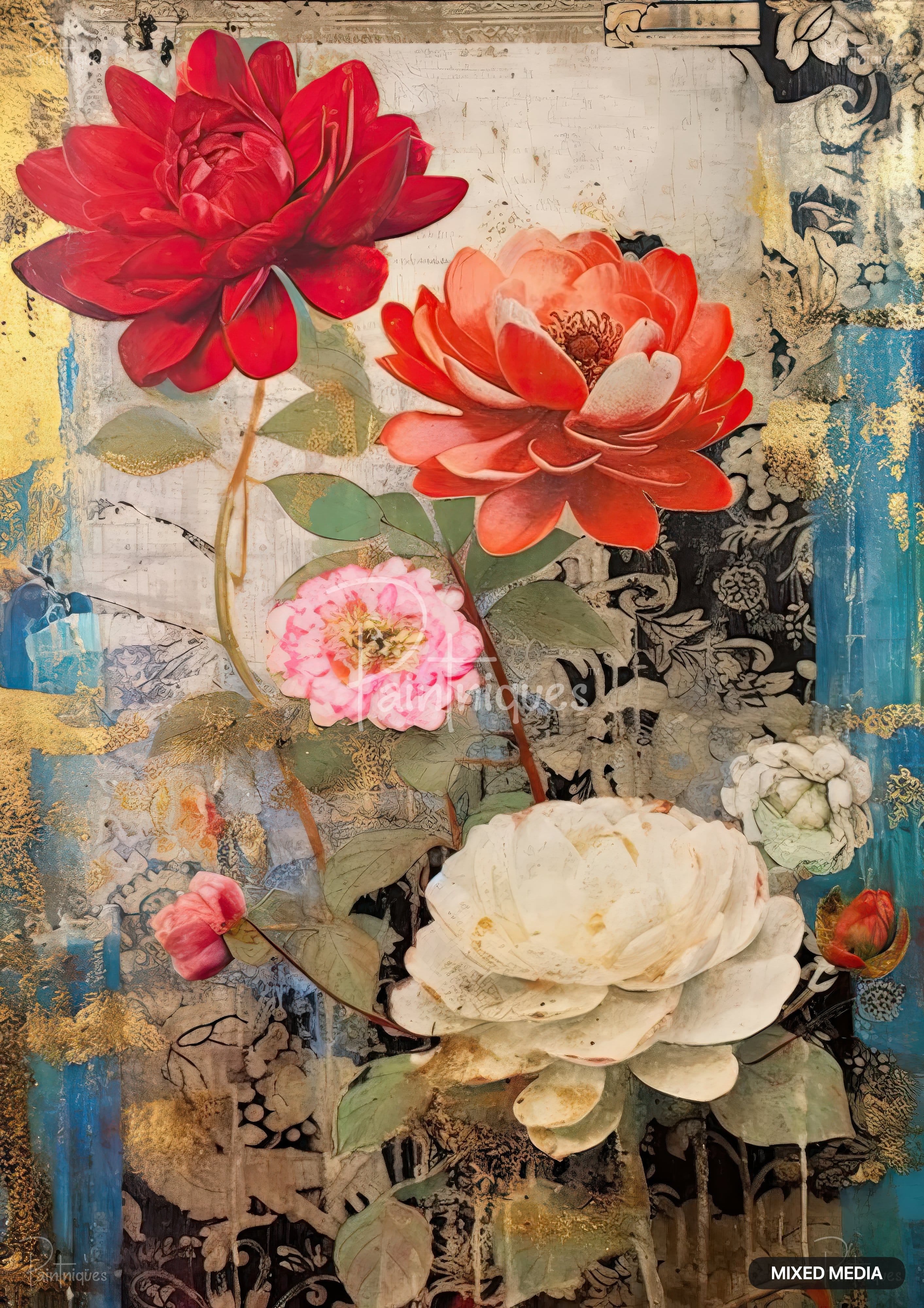Two red flowers, pink camellia, two white flowers, and red bud on floral and abstract background with gold and blue.