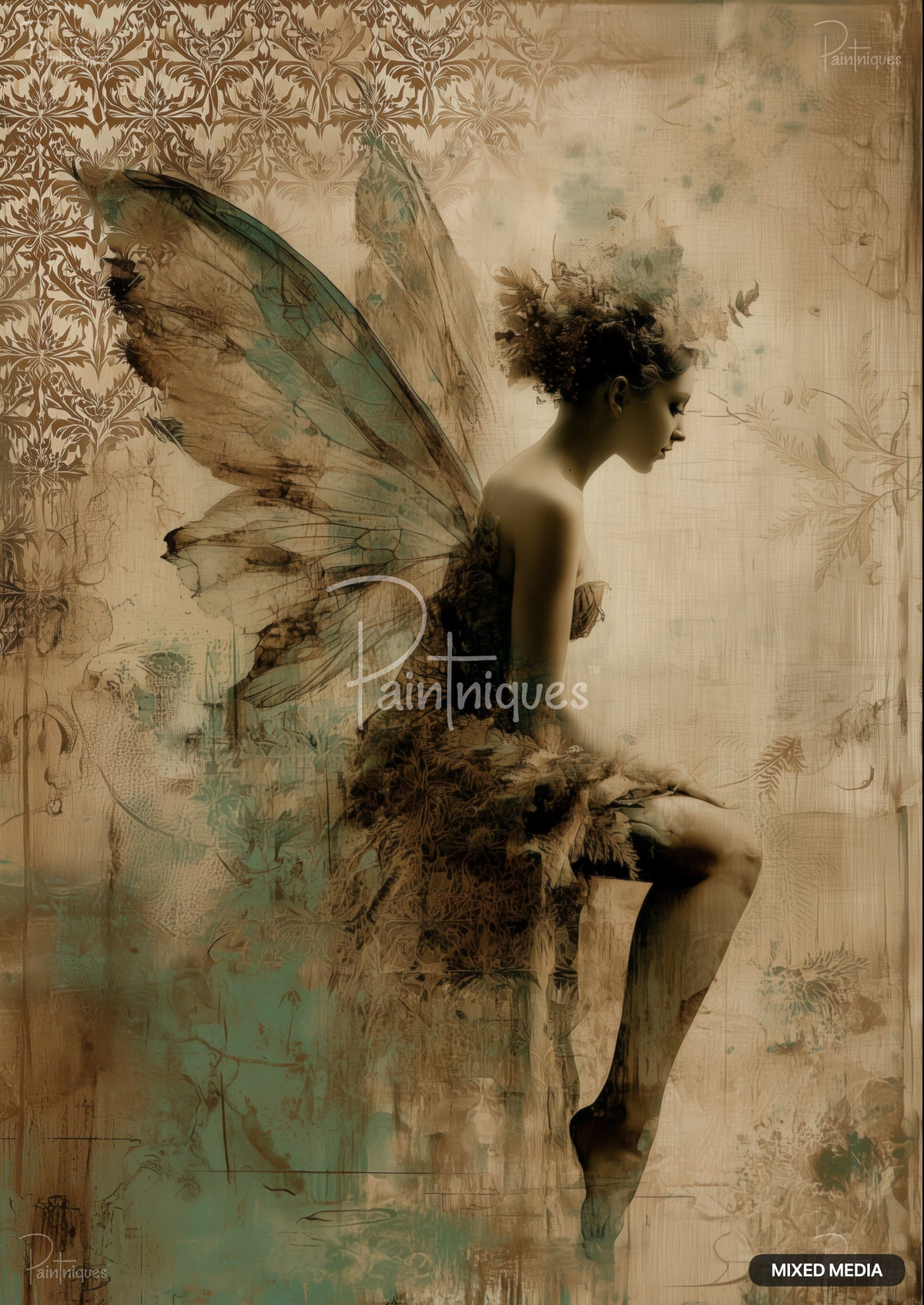 A woman with large, delicate wings and an elaborate dress sits against a textured background with damask patterns and abstract elements.