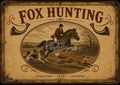Vintage-style poster: rider in red coat jumping a horse with hounds chasing a running fox inside an oval, decorative horns.