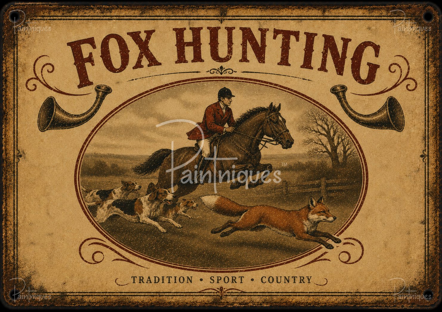 Vintage-style poster: rider in red coat jumping a horse with hounds chasing a running fox inside an oval, decorative horns.