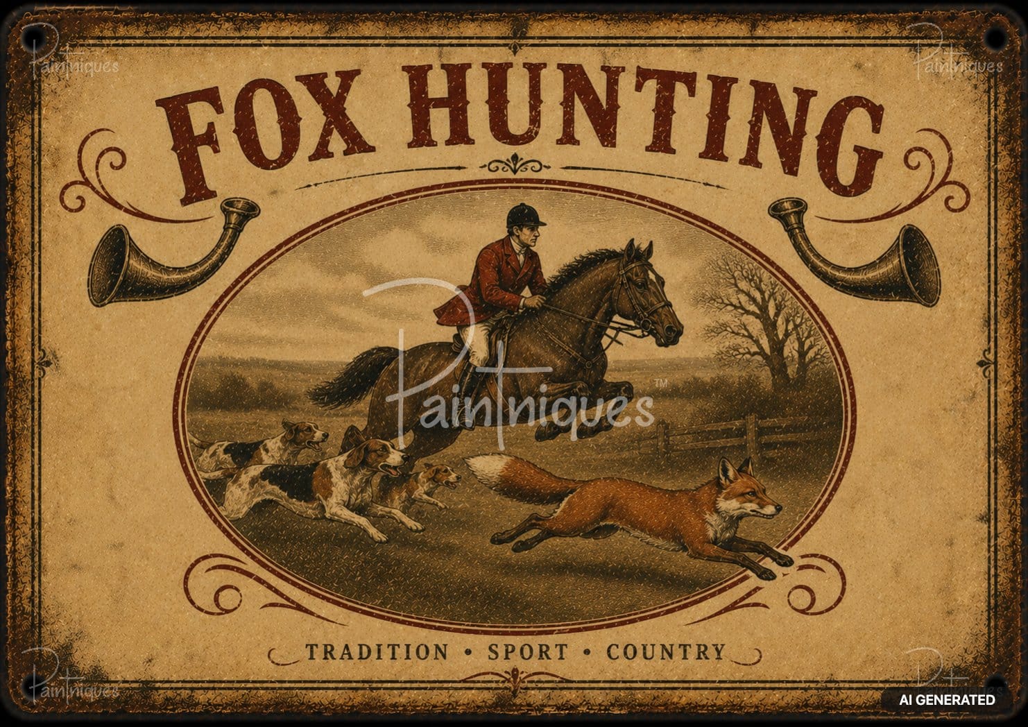 A brown and sepia fox hunting illustration with a fox, horses, dogs, a rider, horns, and text.