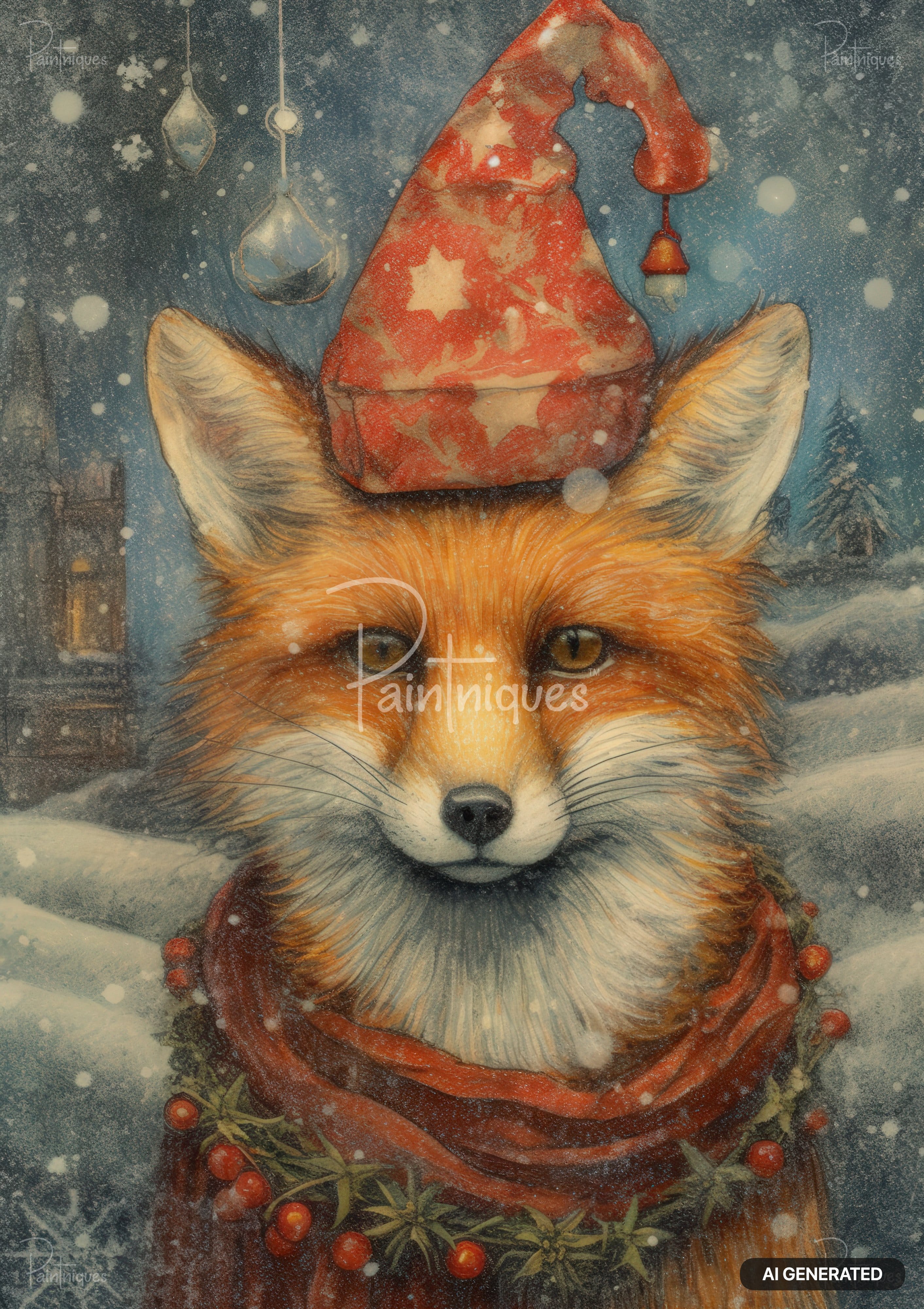 Close-up of a fox in a red hat with stars, red scarf, and holly wreath in falling snow. Winter scene.