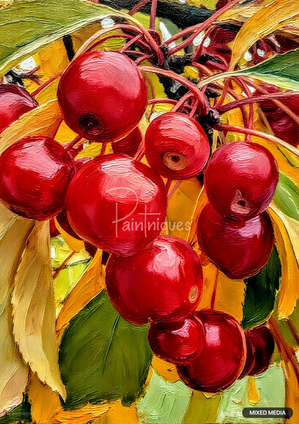Impasto painting of a cluster of ripe red cherries on branches with green and yellow leaves, bold brushstrokes.