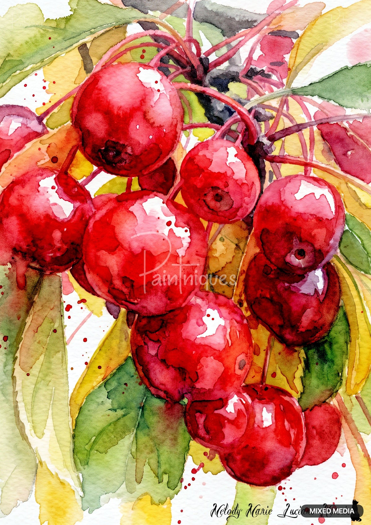 Watercolor painting of red berries on branches with green and yellow leaves and red paint splatters.