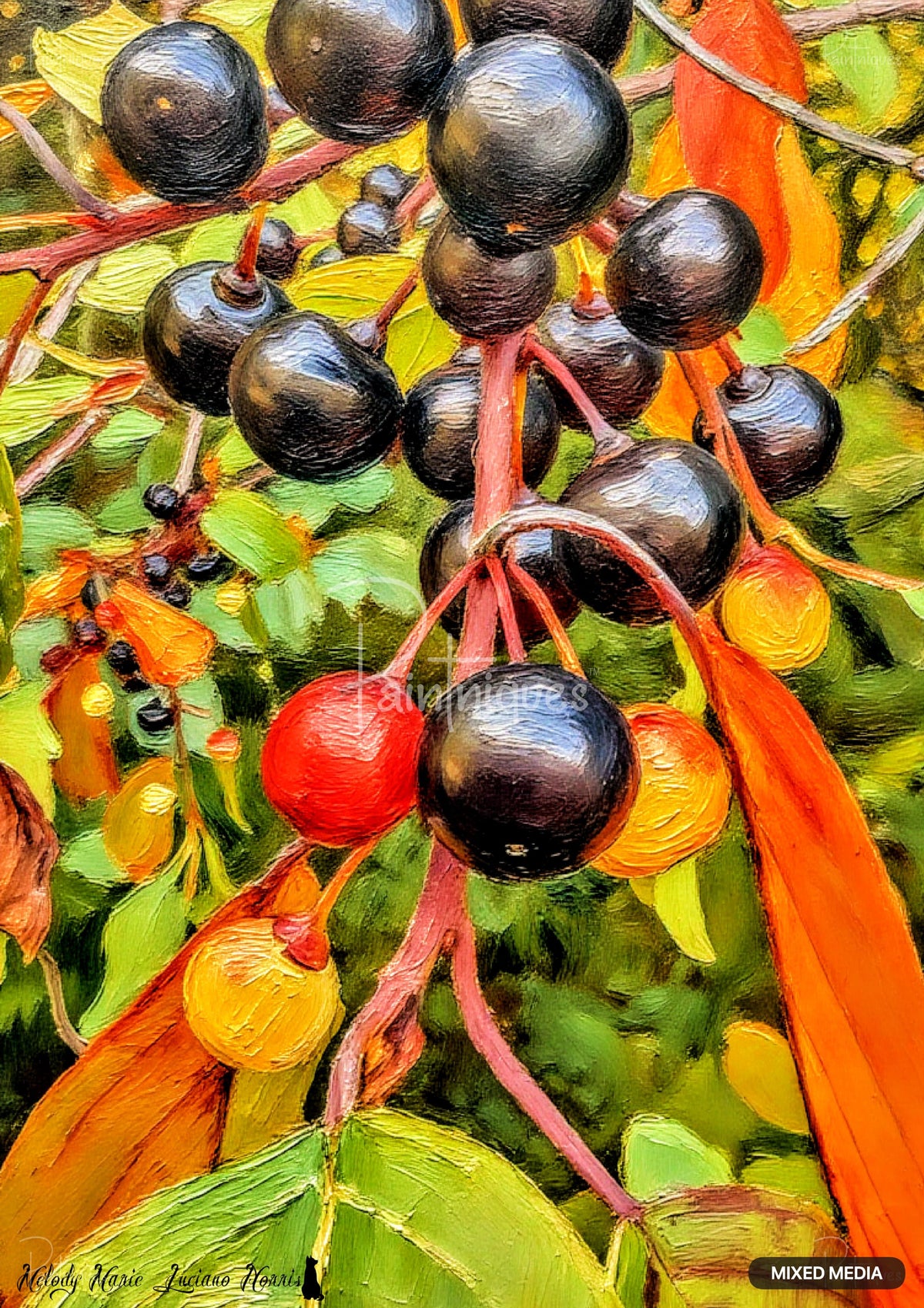 Oil painting of dark berries and colorful leaves. A few berries are red or yellow.