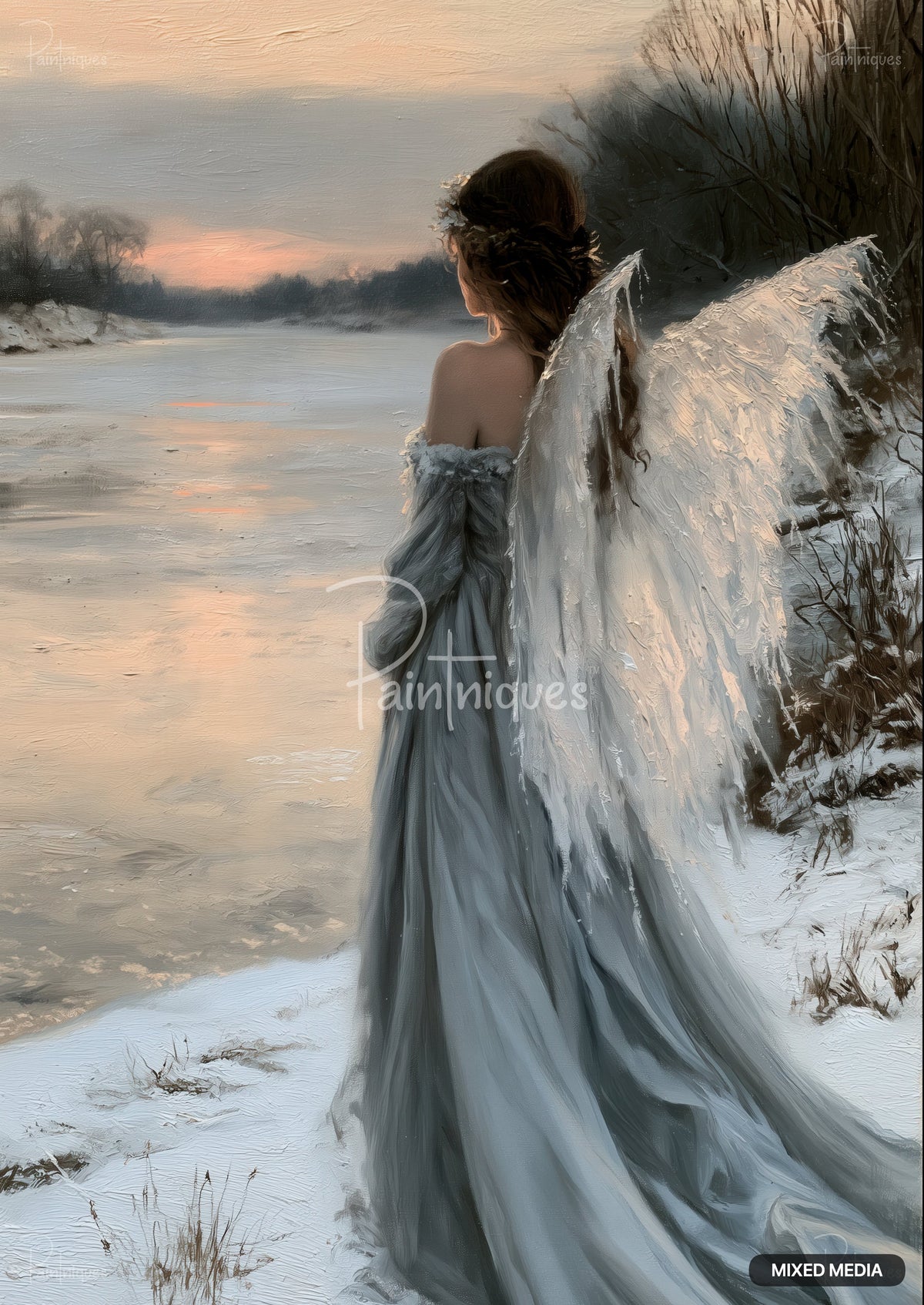 Painting of an angel-like figure with large wings and flowing gown by a snow-covered shore at sunset.