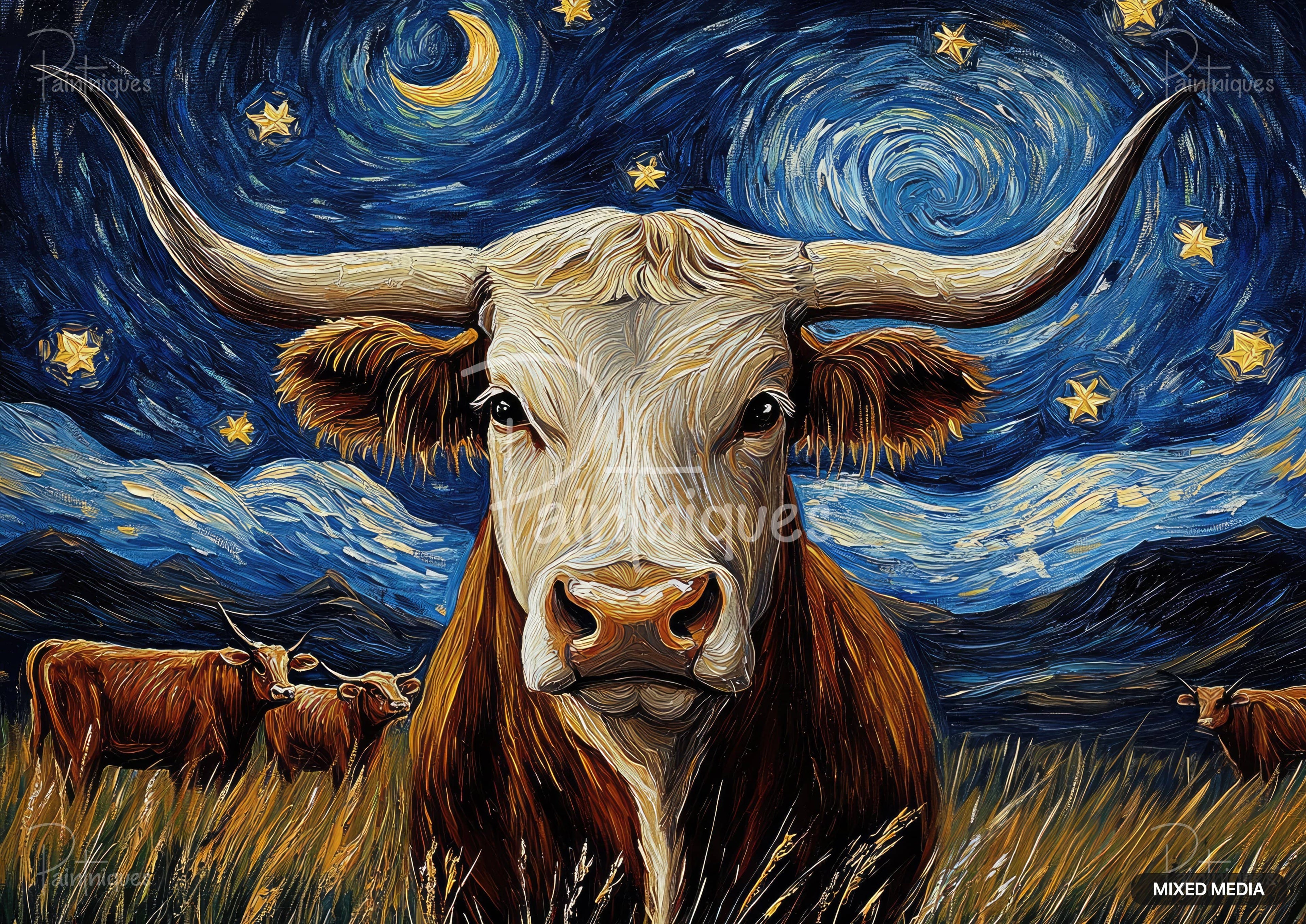 Textured painting of a longhorn cow under a swirling starry night sky with a crescent moon. Other cows in background.