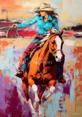 Colorful painting of a cowgirl in a turquoise shirt and hat riding a galloping chestnut horse