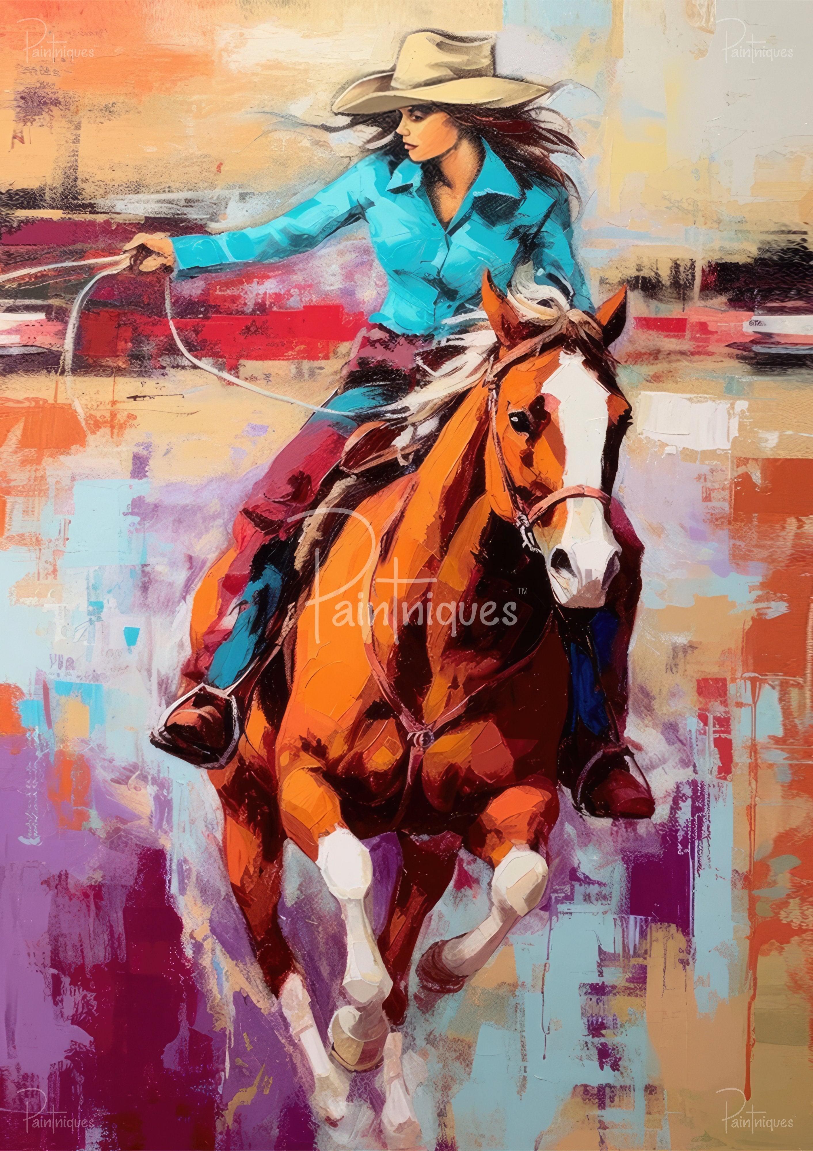 Colorful painting of a cowgirl in a turquoise shirt and hat riding a galloping chestnut horse