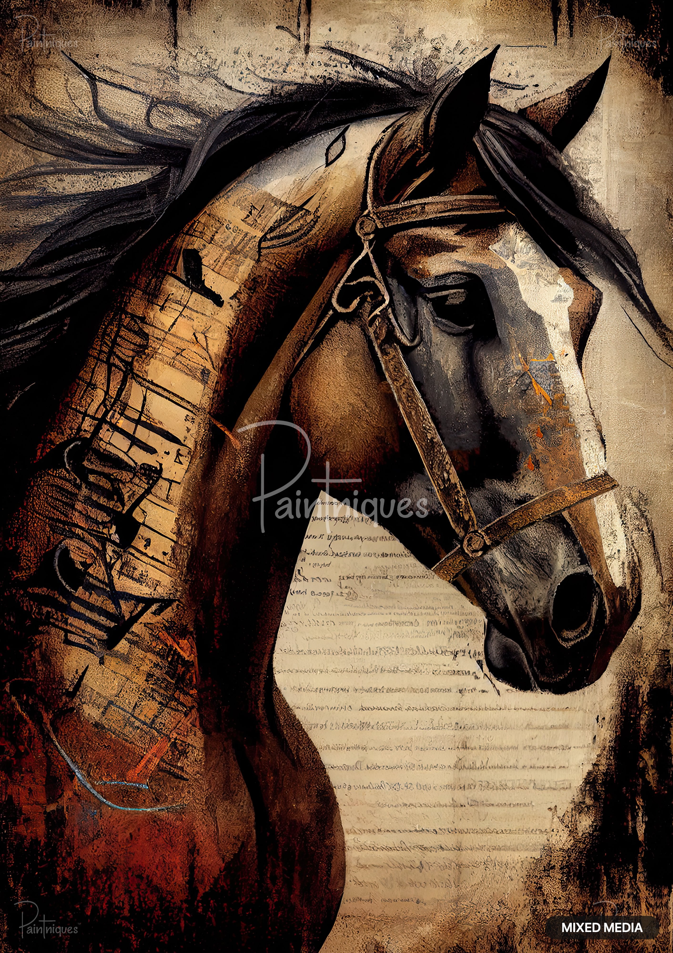 Warm-toned, mixed-media painting of a horse's head in profile with musical notes on tan paper.