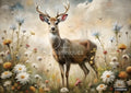 A deer with antlers stands among wildflowers and tall grasses under a cloudy sky with distant birds.