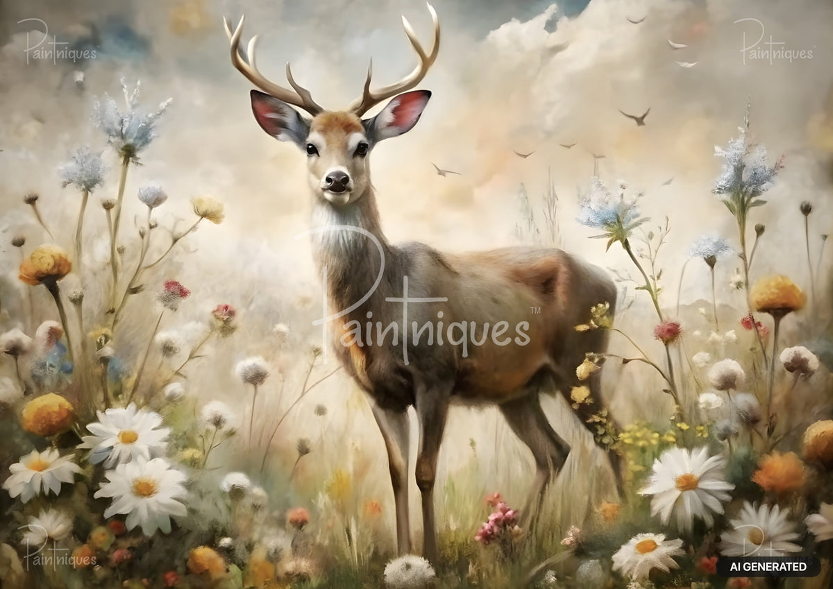 A deer with antlers stands among wildflowers and tall grasses under a cloudy sky with distant birds.