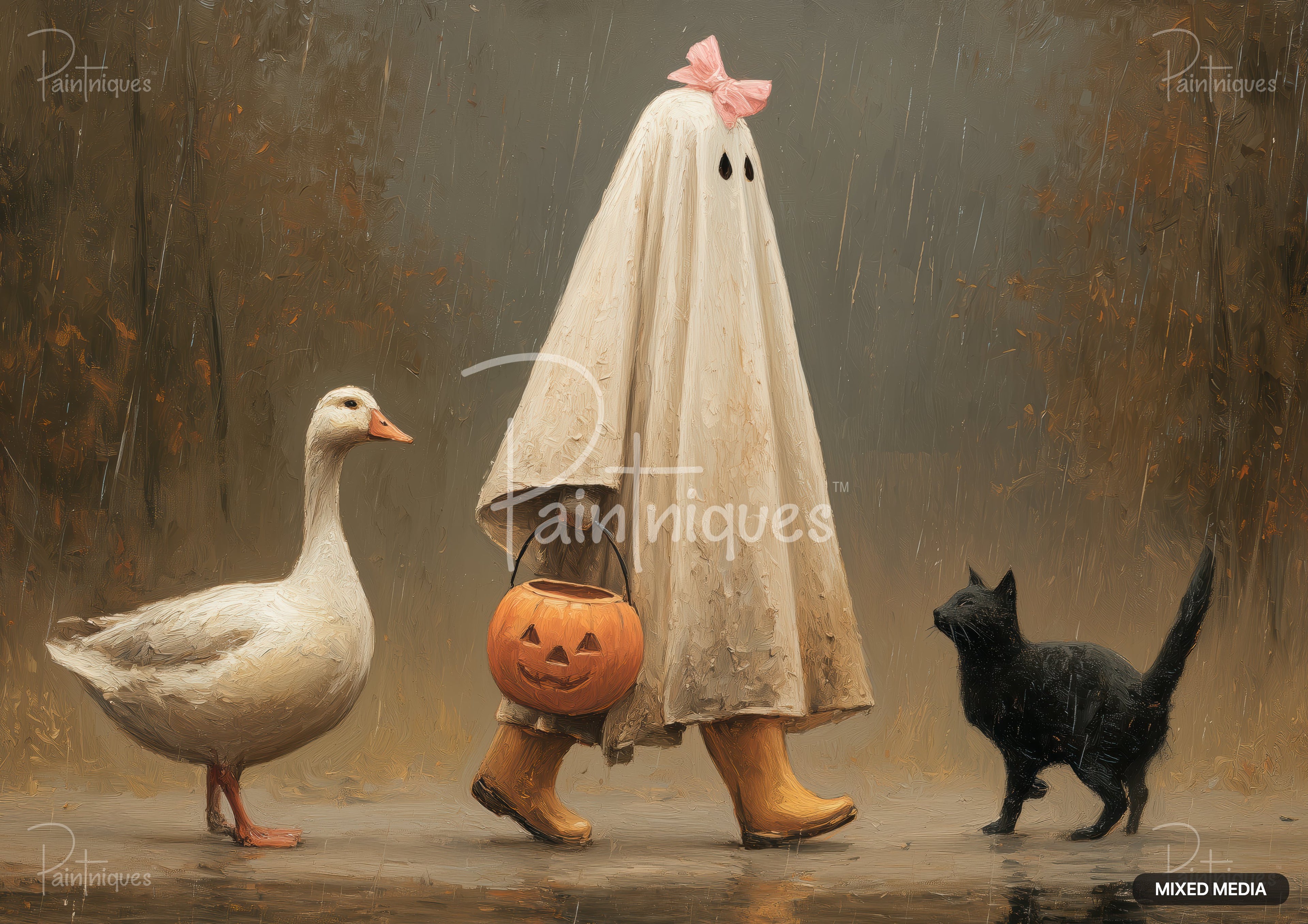 A ghost figure with a pink bow, a goose, and a black cat walk in the rain, a pumpkin pail in the ghost's hand.