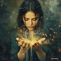 A woman holds cupped hands full of sparkling golden light. Her eyes are closed, head tilted toward the light in her hands.