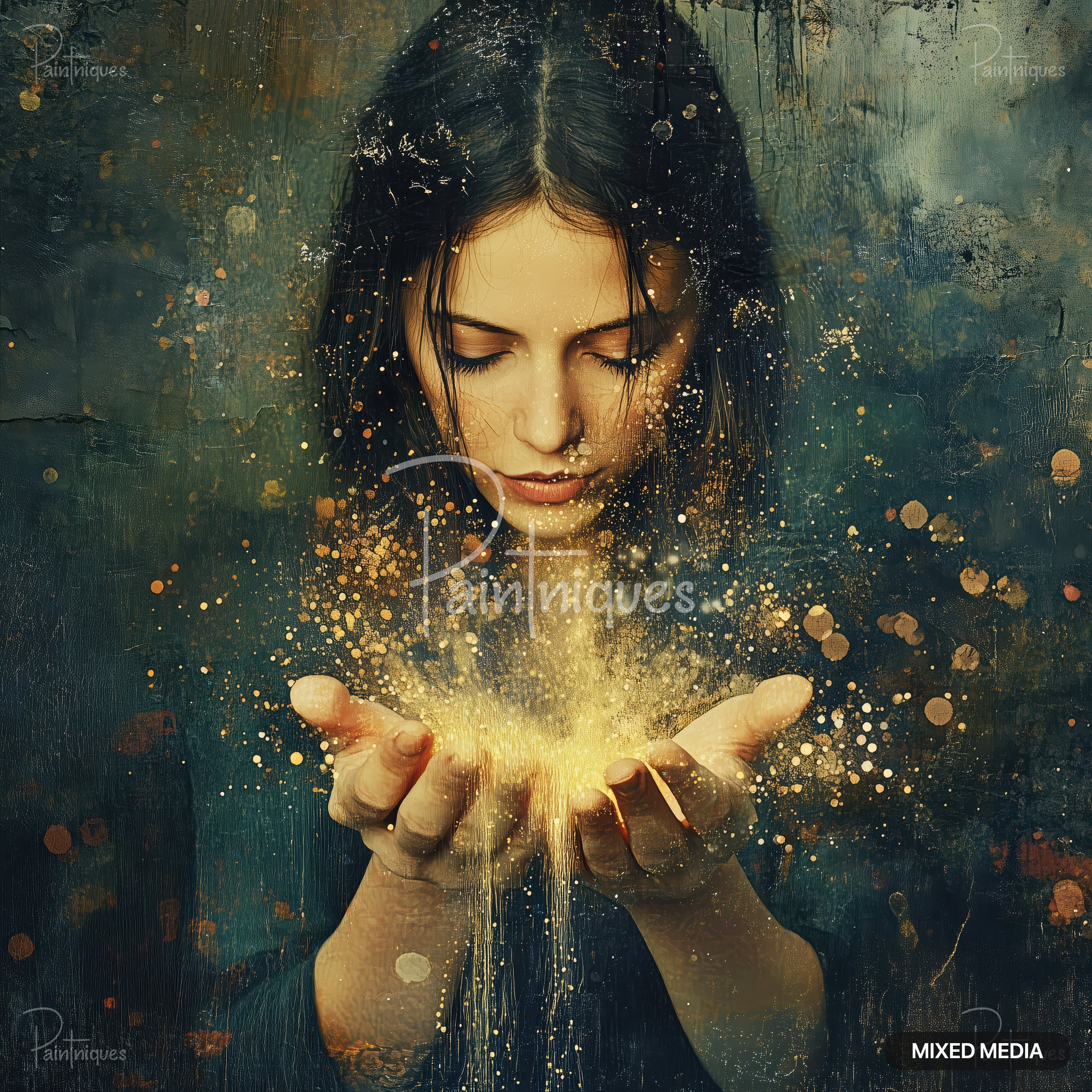 A woman holds cupped hands full of sparkling golden light. Her eyes are closed, head tilted toward the light in her hands.