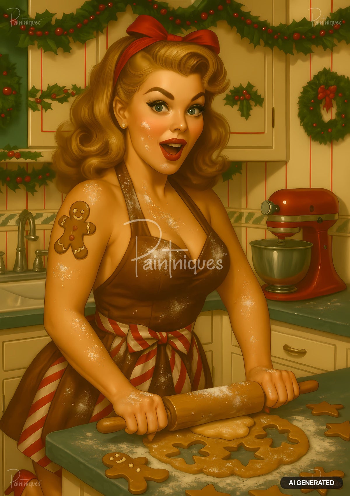 Retro pin-up woman with a gingerbread tattoo rolling cookie dough in a festive Christmas kitchen.