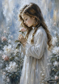 Oil painting of a young girl with long brown hair, wearing a white dress, holding and smelling a pink rose. White flowers surround her.
