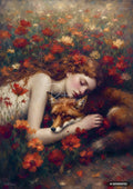 Painting of a sleeping woman with red hair among red and orange flowers, embracing a fox.