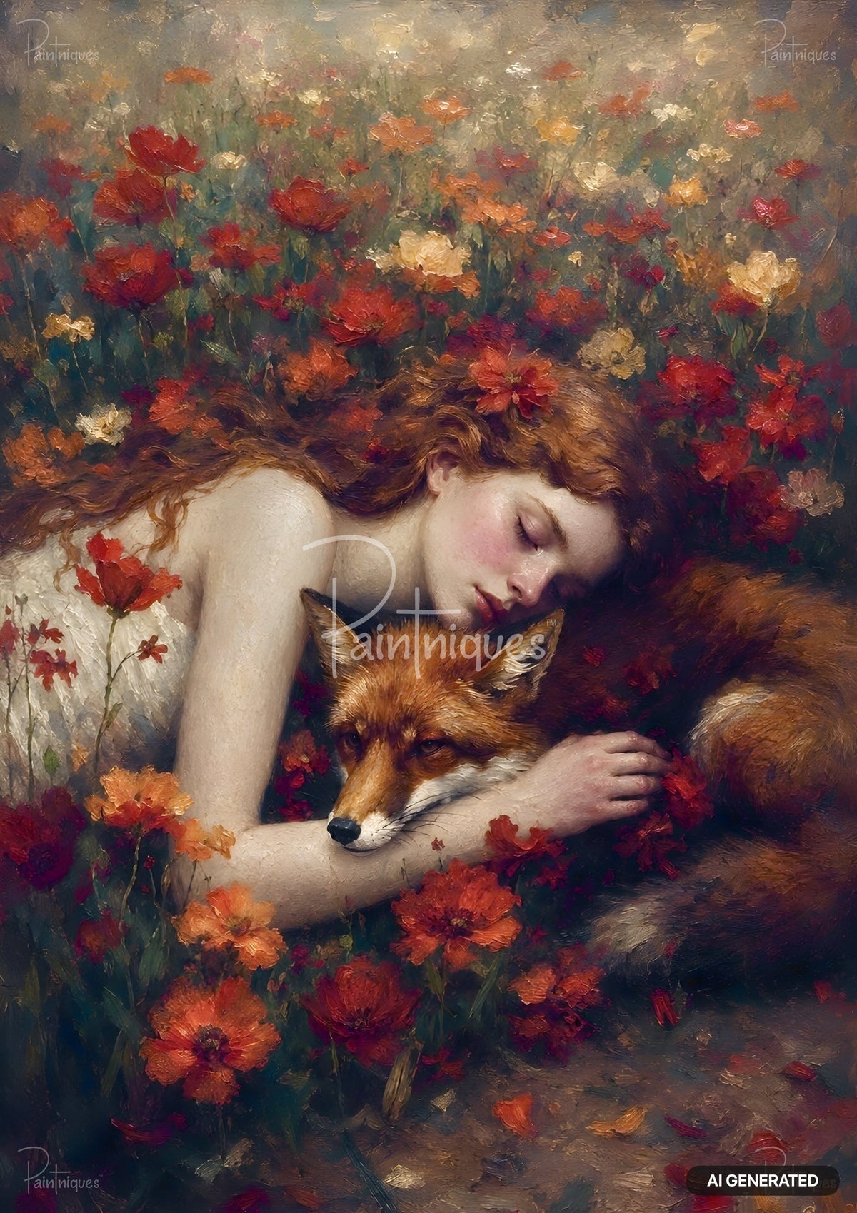 Painting of a sleeping woman with red hair among red and orange flowers, embracing a fox.