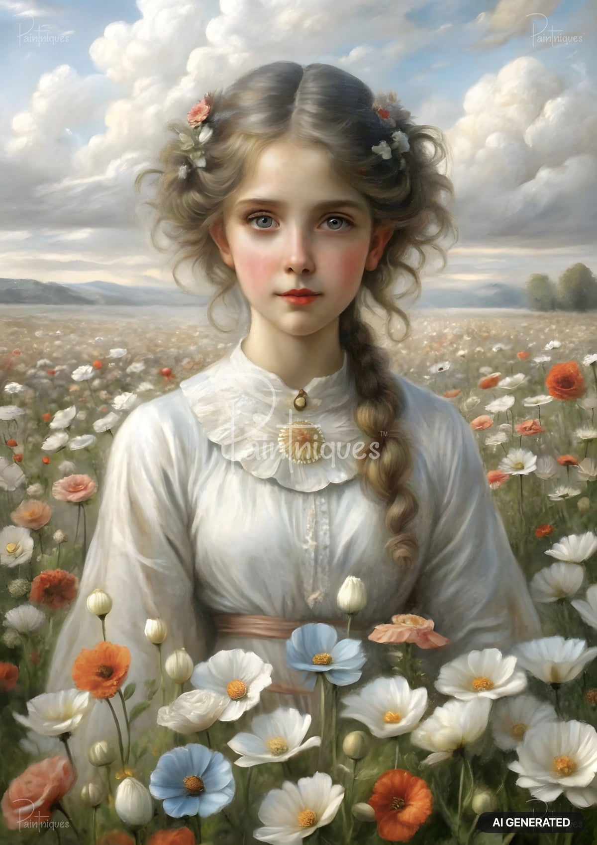 A young girl with a braided bun stands in a field of white, blue, and orange poppies under a cloudy sky.