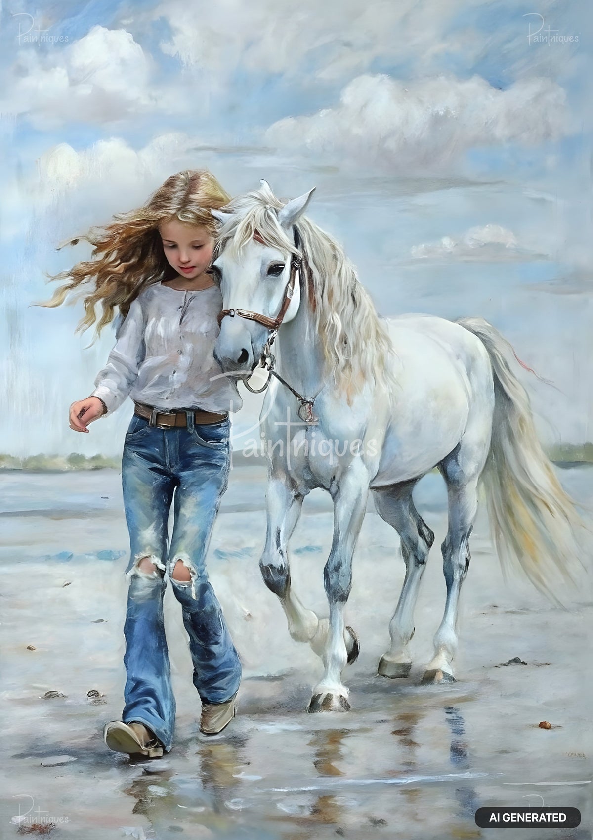 Painting of a girl in ripped jeans walking a white horse on a wet, sandy beach under a cloudy sky.