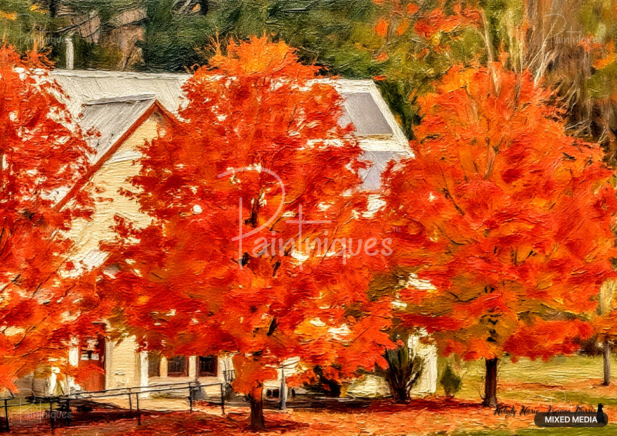 Oil painting of vibrant red and orange autumn trees standing in front of a white house with fallen leaves on the ground.