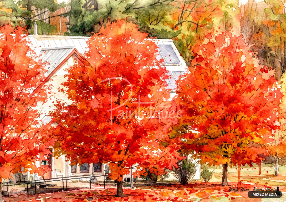 Watercolor painting of vibrant red and orange autumn trees in front of a house with fallen leaves.