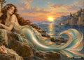 A mermaid with flowing red hair and a shimmering teal tail reclines on coastal rocks, watching a sunset over the sea.