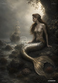 A mermaid with red hair and a golden tail sits on rocks by the sea, gazing at a tall ship in stormy waters.