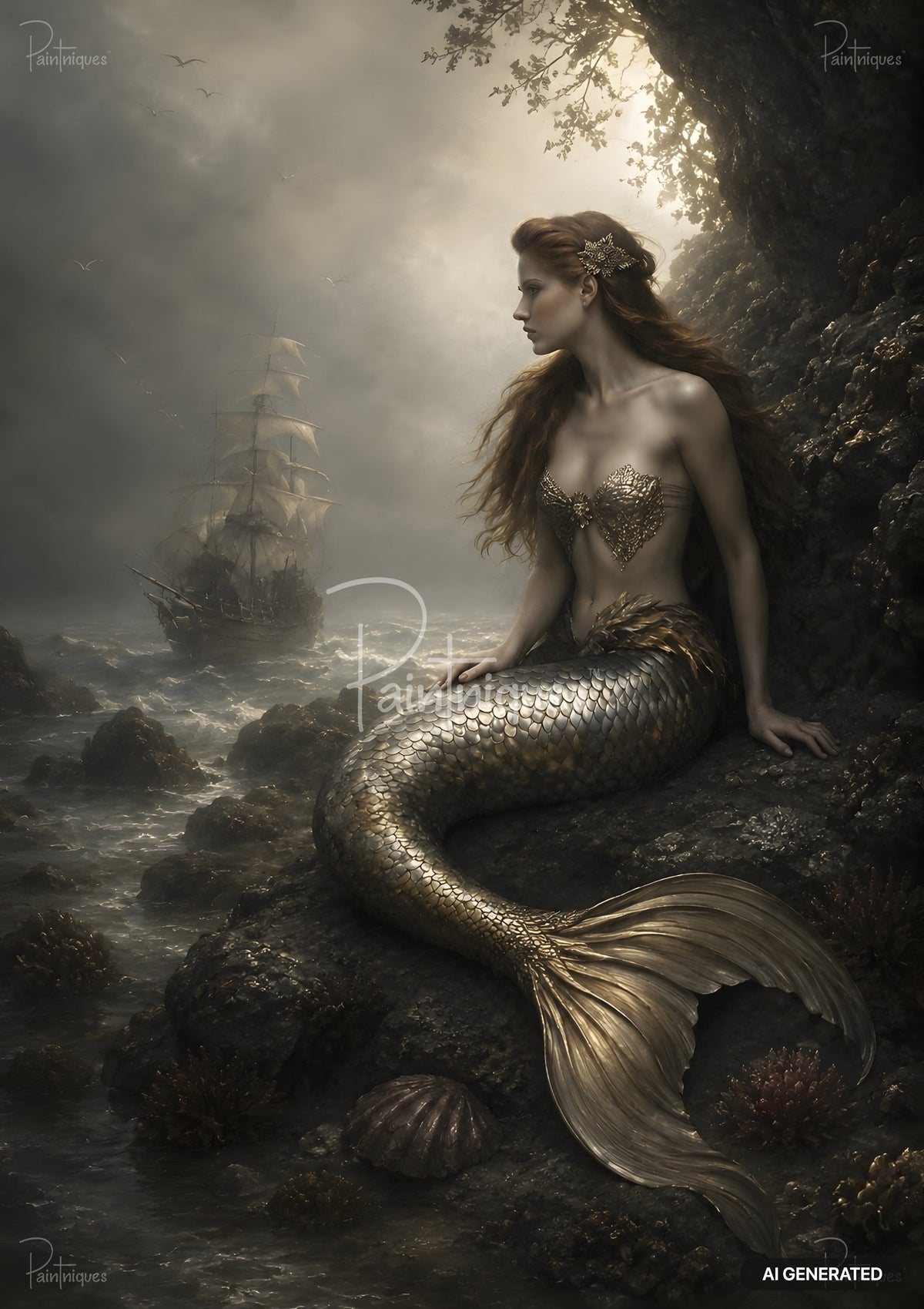 A mermaid with red hair and a golden tail sits on rocks by the sea, gazing at a tall ship in stormy waters.