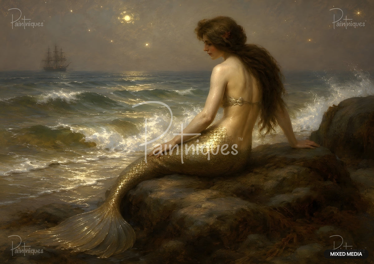 A mermaid with a golden tail sits on rocks by ocean waves under a moonlit sky with a distant sailing ship.