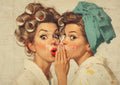 Two surprised women talking, one with hair rollers, the other with a blue head wrap, in a painted style.