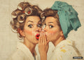An oil painting of two women in bathrobes; one whispers into the other’s ear, whose mouth is round with surprise.