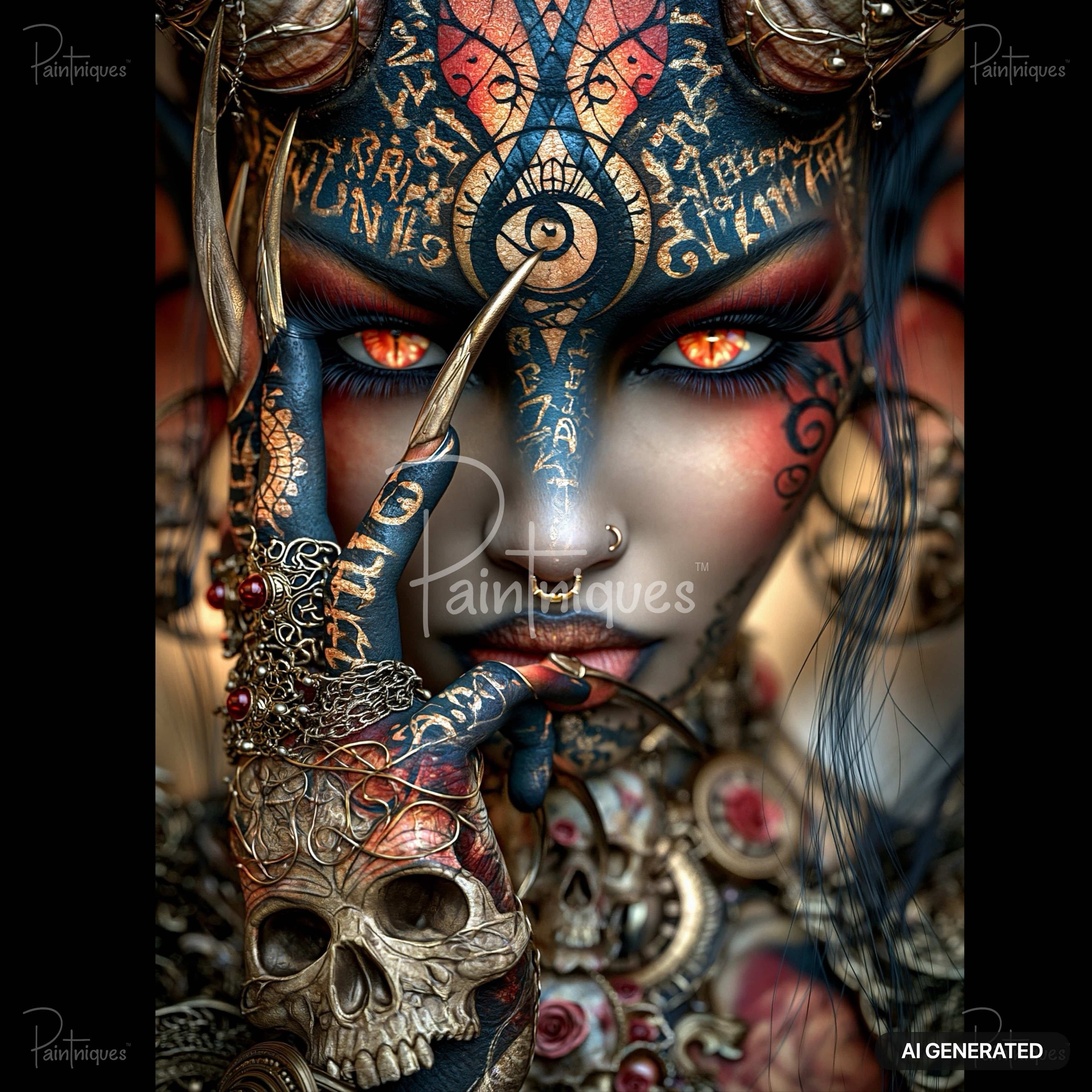 Intricate portrait of a mythical figure with glowing orange eyes, ornate patterns, long gold nails, and a skull on her hand.
