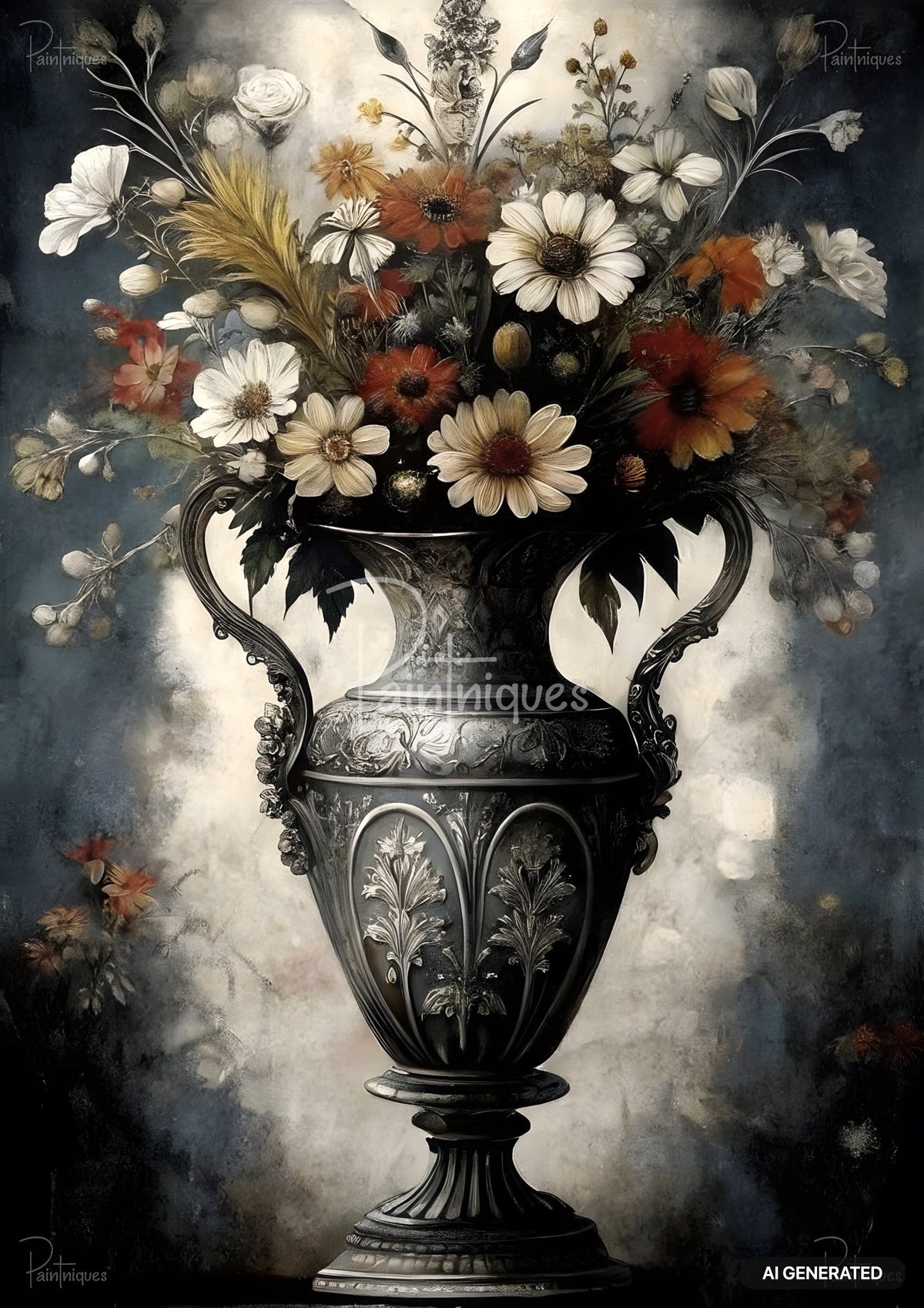 A dark ornate vase holds a vibrant bouquet of white, orange, and yellow flowers, with green and gold foliage.