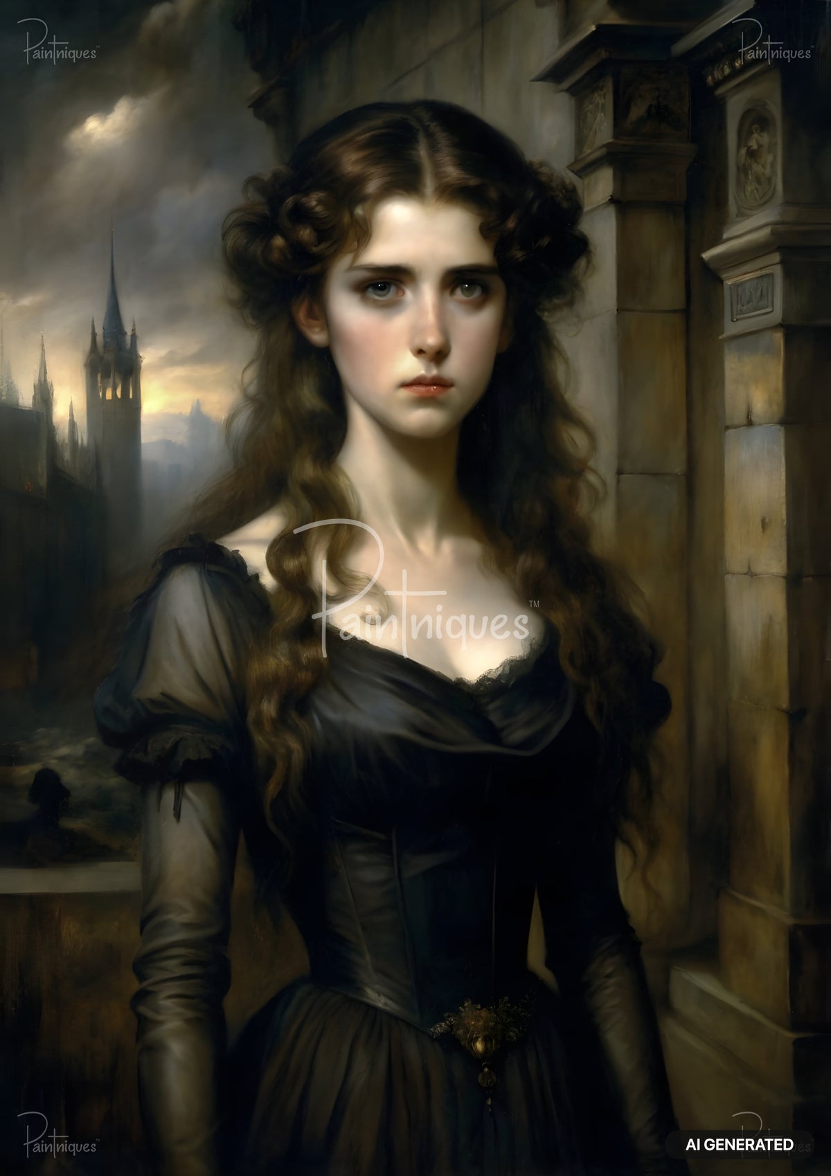 Painting of a young woman with long brown hair, wearing a dark dress, against a background of a castle and cloudy sky.
