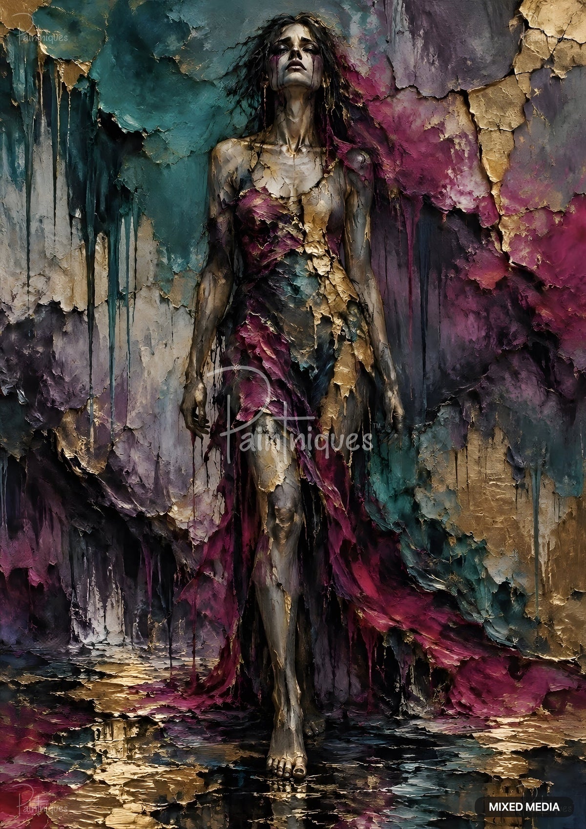 Textured painting of a woman in a draped dress amid dripping layers of magenta, teal, and metallic gold paint.