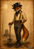 A fox in a top hat, shirt, suspenders, and trousers holds a shovel next to a tombstone under a full moon.