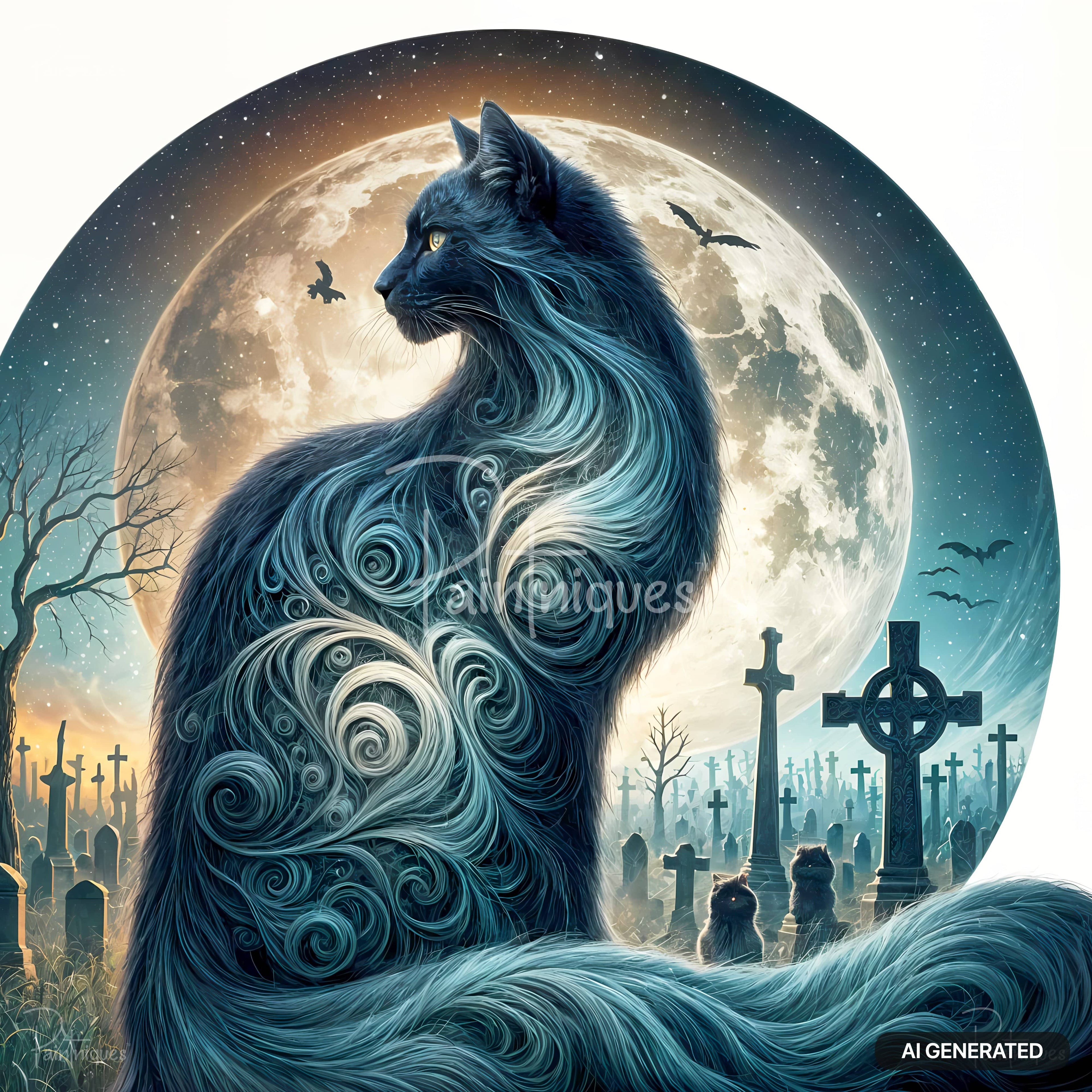 A black cat with ornate, swirling fur sits before a large full moon, with bats flying and a graveyard visible.