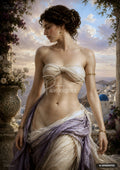 A woman in flowing drapery stands on a balcony overlooking a coastal village with white buildings and blue domes.