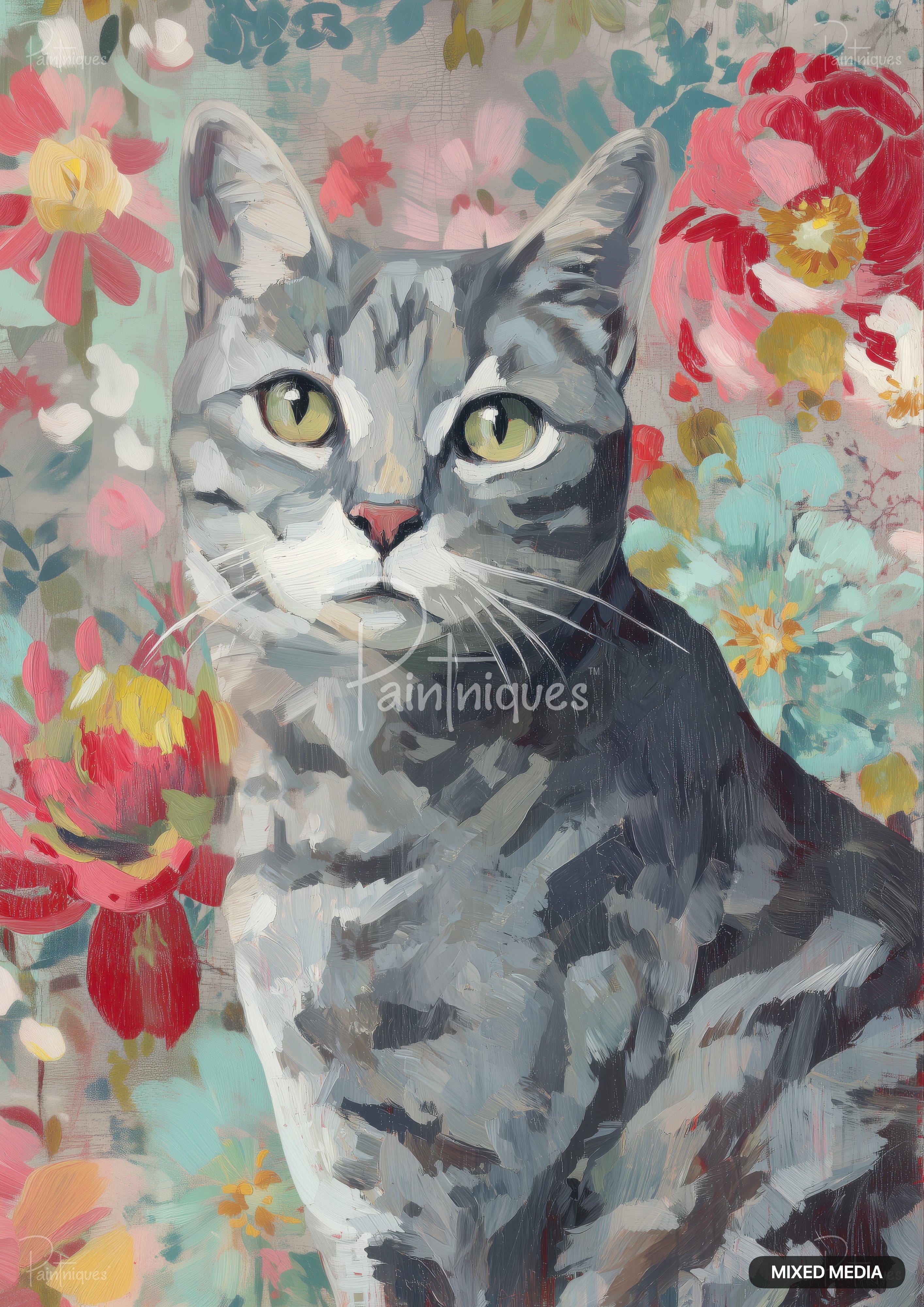 Expressionistic painting of a gray tabby cat with green eyes, against a backdrop of abstract red, pink, and blue flowers.