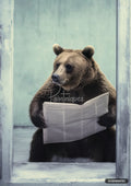 A brown bear sits, calmly reading a newspaper with a light blue wall behind it, seen through a partially open door.