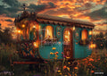 A teal and brown gypsy wagon at sunset, illuminated by interior lights and exterior lanterns, surrounded by wildflowers.