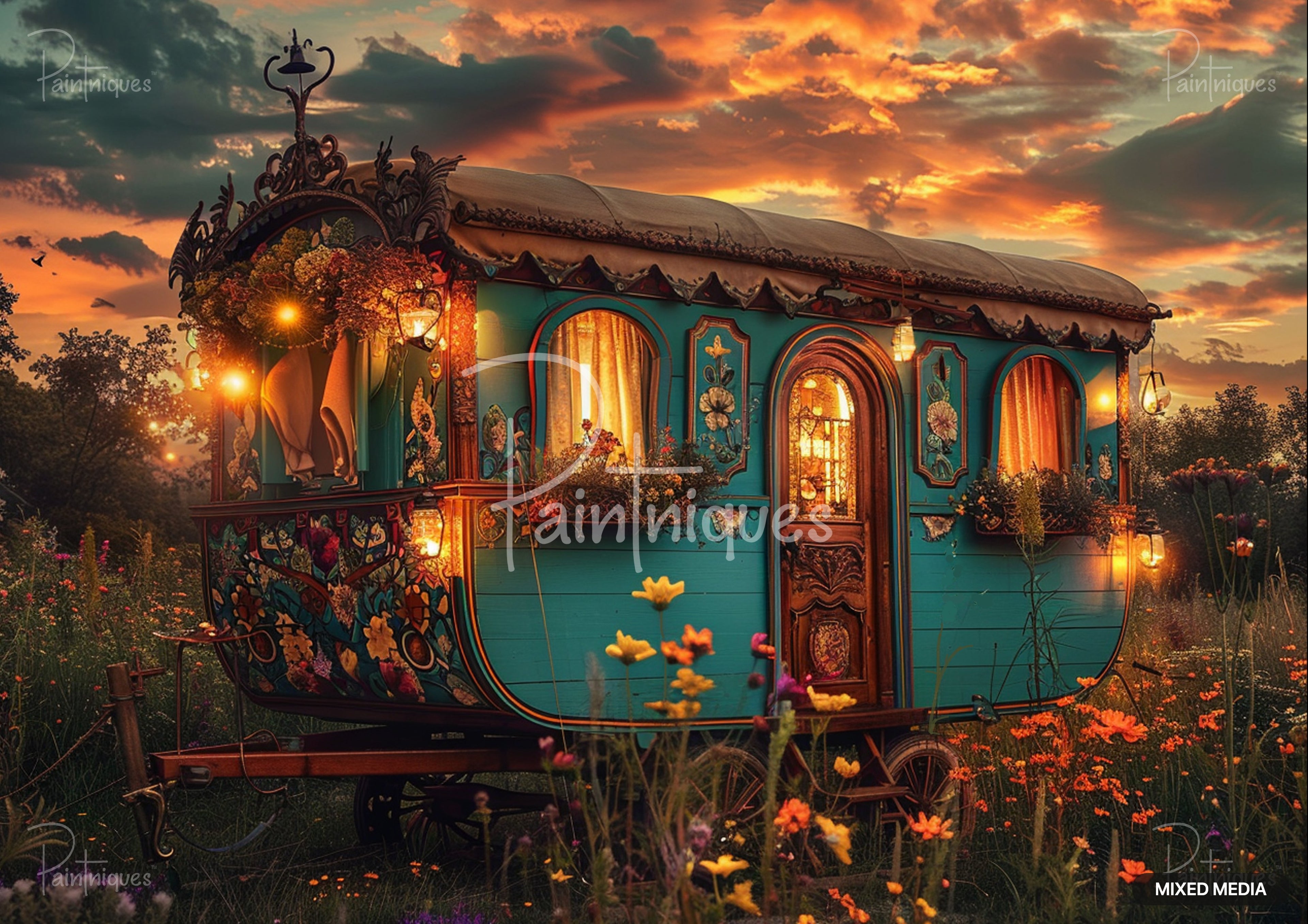 A teal and brown gypsy wagon at sunset, illuminated by interior lights and exterior lanterns, surrounded by wildflowers.